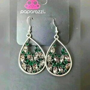 Paparazzi slivertone gray green rhinestones earrings